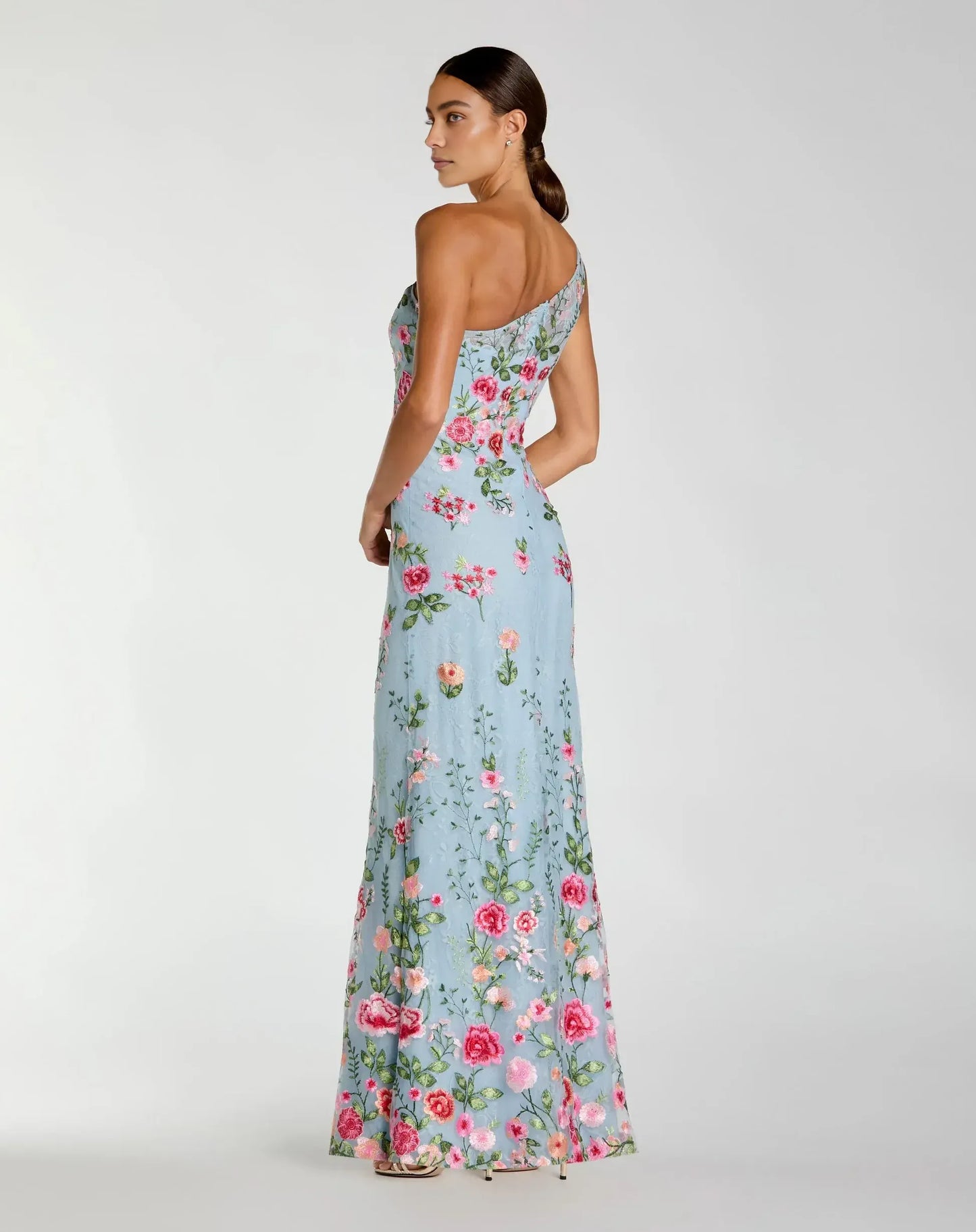 Exquisite Column One-shoulder Sleeveless Mesh Long Embroidered Evening Gown