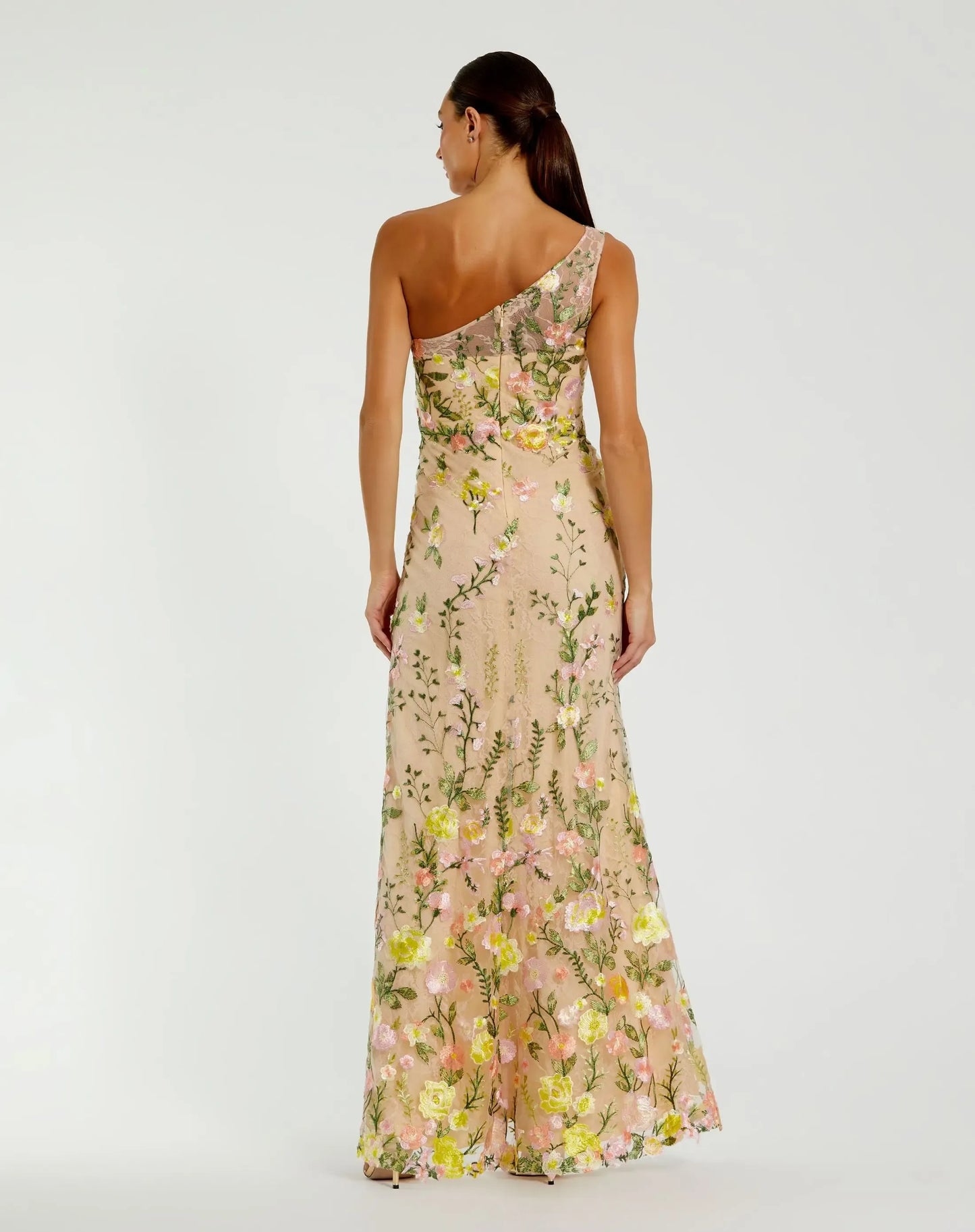 Exquisite Column One-shoulder Sleeveless Mesh Long Embroidered Evening Gown