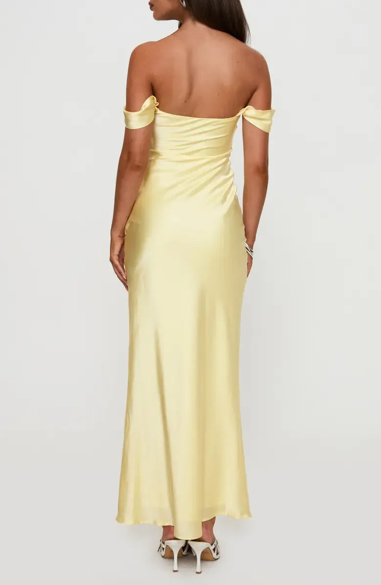 Fitted Mermaid Straight Off Shoulder Open Back Maxi Prom Dress