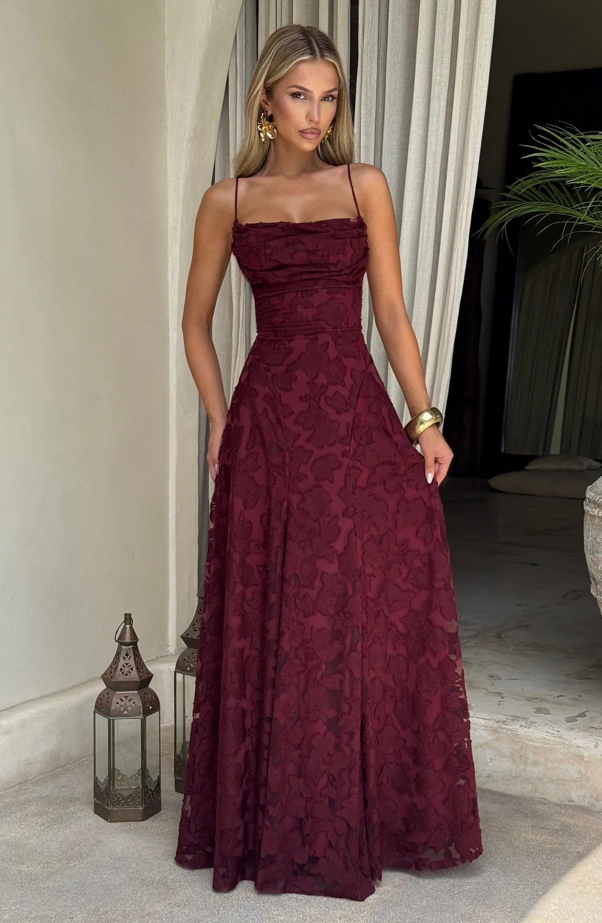 Floral Lace A-Line Maxi Prom Dress With Lace-Up Back And Spaghetti Straps