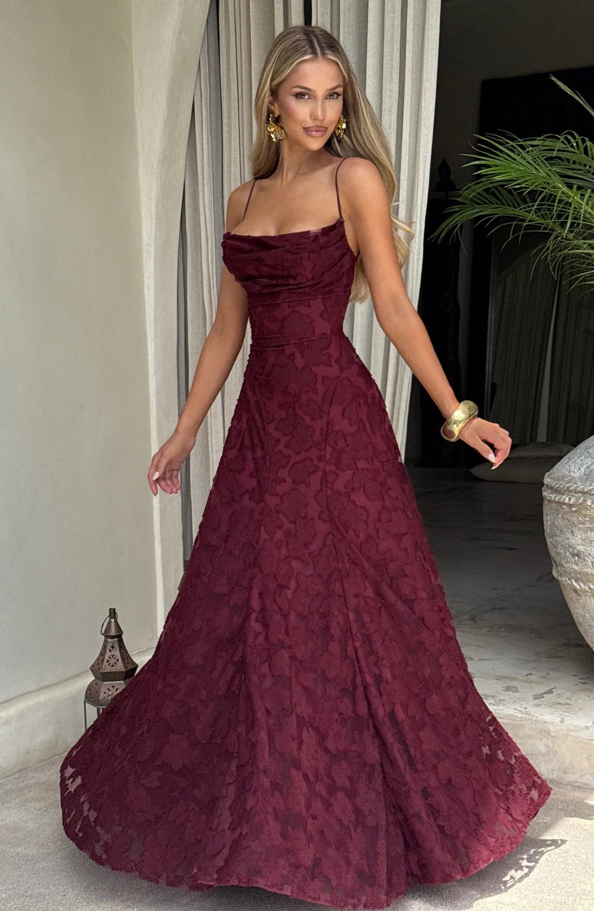 Floral Lace A-Line Maxi Prom Dress With Lace-Up Back And Spaghetti Straps