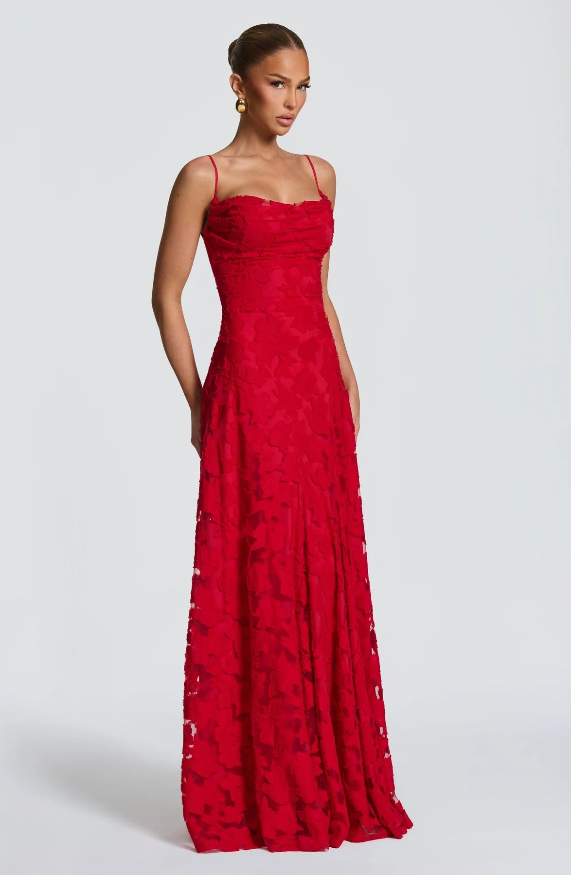 Floral Lace A-Line Maxi Prom Dress With Lace-Up Back And Spaghetti Straps