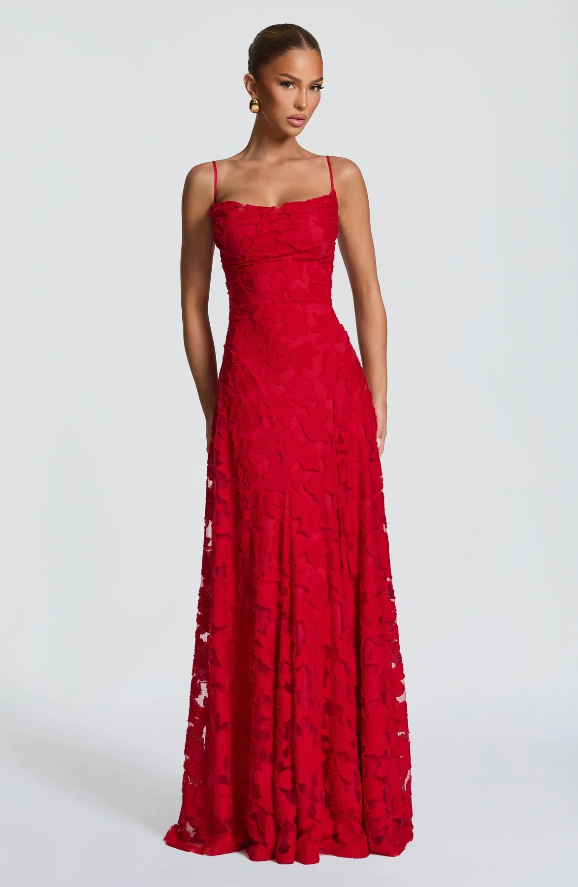 Floral Lace A-Line Maxi Prom Dress With Lace-Up Back And Spaghetti Straps