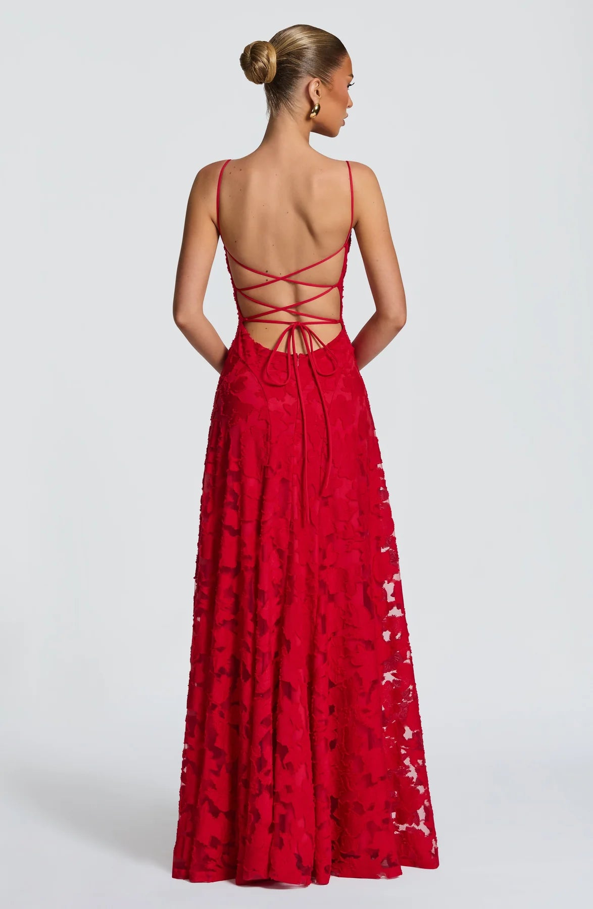 Floral Lace A-Line Maxi Prom Dress With Lace-Up Back And Spaghetti Straps