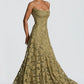 Floral Lace A-Line Maxi Prom Dress With Lace-Up Back And Spaghetti Straps