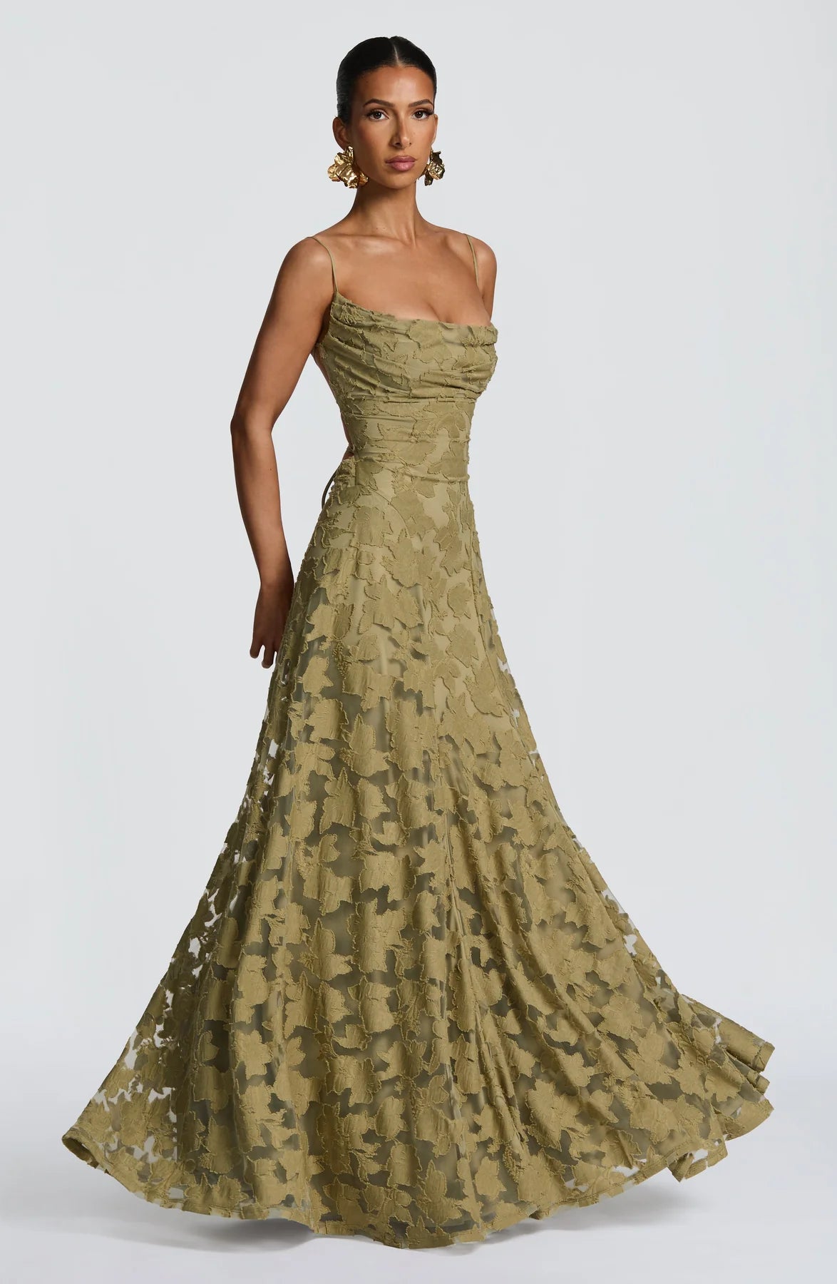 Floral Lace A-Line Maxi Prom Dress With Lace-Up Back And Spaghetti Straps
