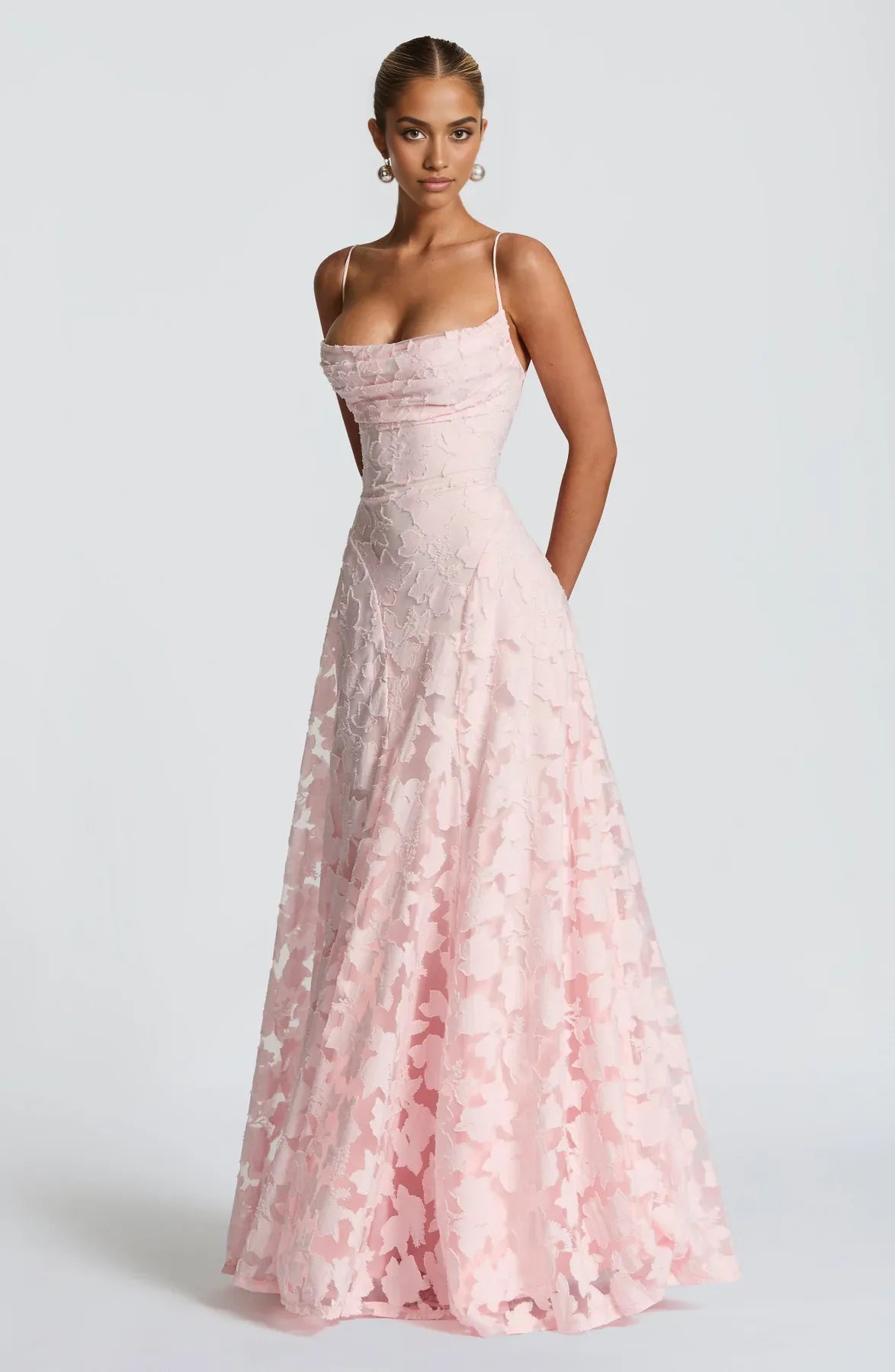 Floral Lace A-Line Maxi Prom Dress With Lace-Up Back And Spaghetti Straps