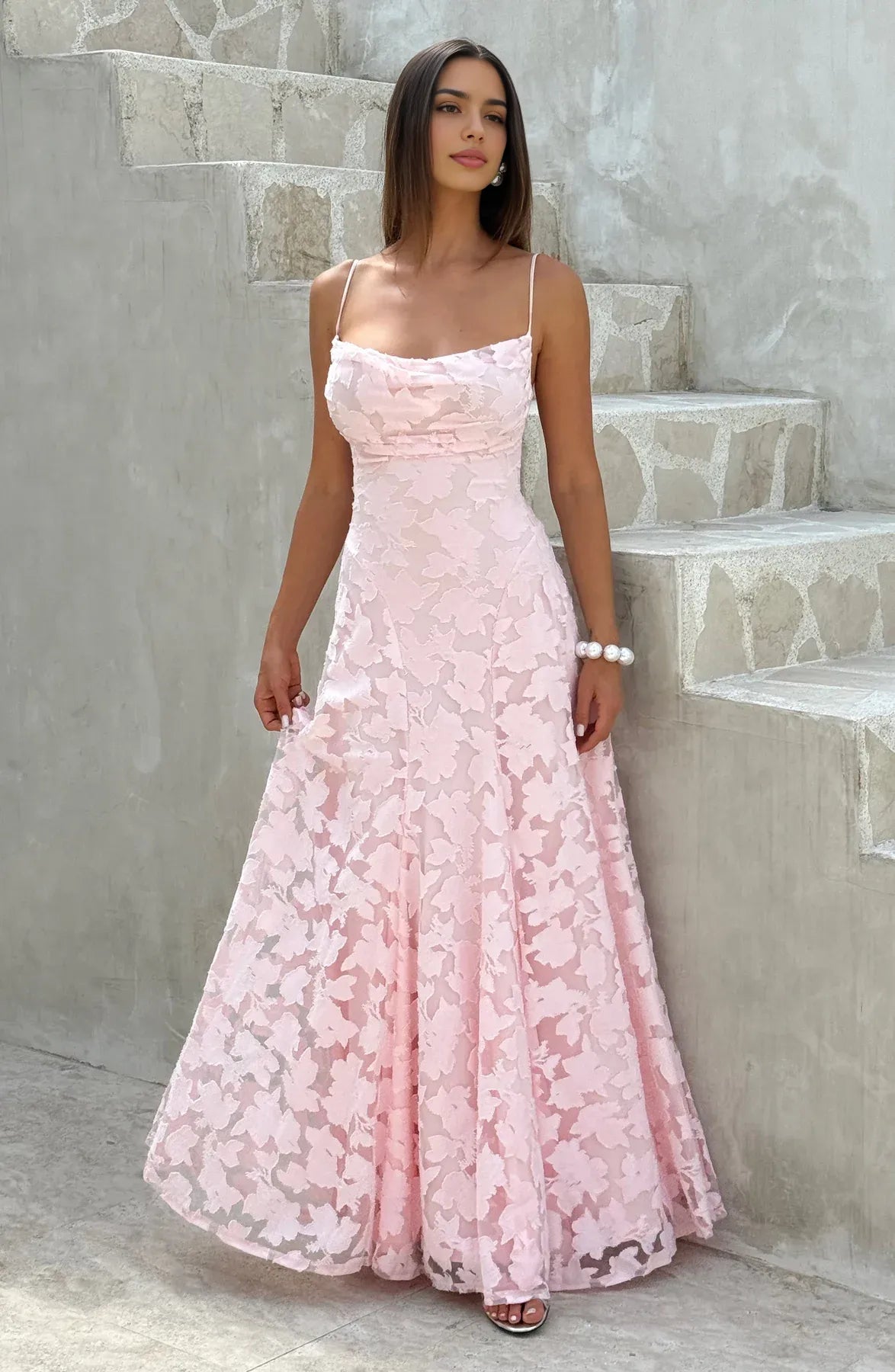 Floral Lace A-Line Maxi Prom Dress With Lace-Up Back And Spaghetti Straps