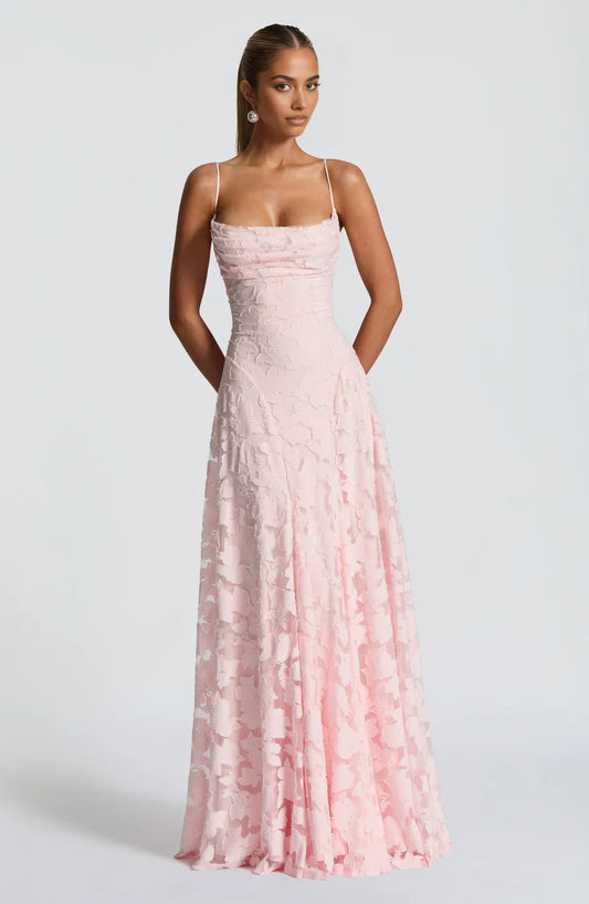 Floral Lace A-Line Maxi Prom Dress With Lace-Up Back And Spaghetti Straps