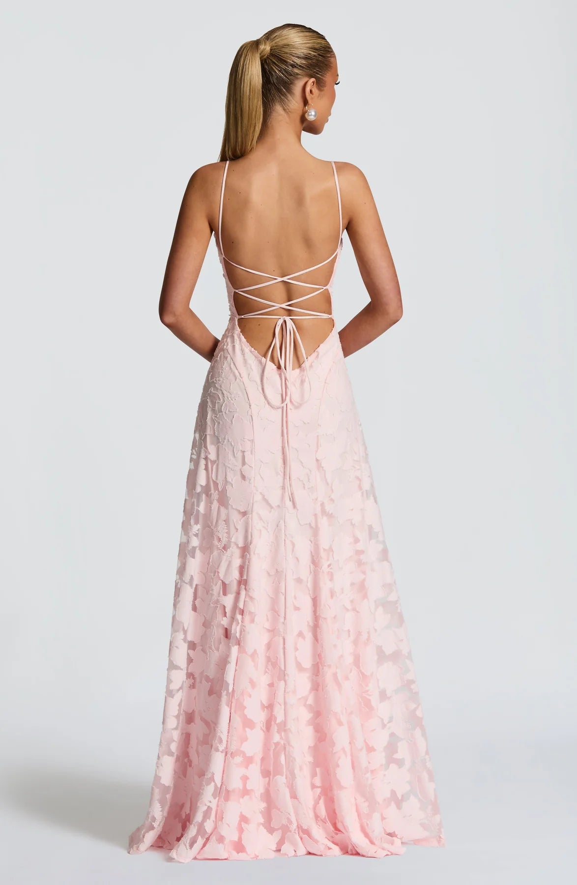 Floral Lace A-Line Maxi Prom Dress With Lace-Up Back And Spaghetti Straps