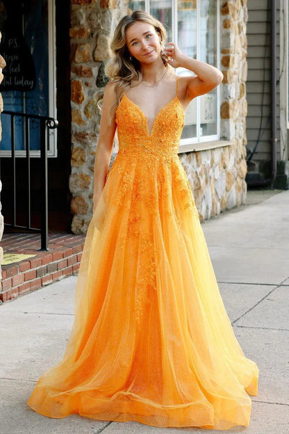 Floral Lace Applique A-Line Deep V Neck Spaghetti Strap Shimmer Tulle Open Back Floor Length Prom Evening Gown
