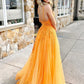 Floral Lace Applique A-Line Deep V Neck Spaghetti Strap Shimmer Tulle Open Back Floor Length Prom Evening Gown