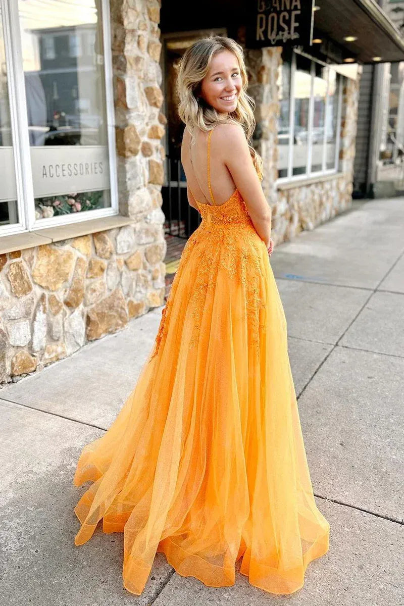 Floral Lace Applique A-Line Deep V Neck Spaghetti Strap Shimmer Tulle Open Back Floor Length Prom Evening Gown