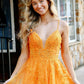 Floral Lace Applique A-Line Deep V Neck Spaghetti Strap Shimmer Tulle Open Back Floor Length Prom Evening Gown