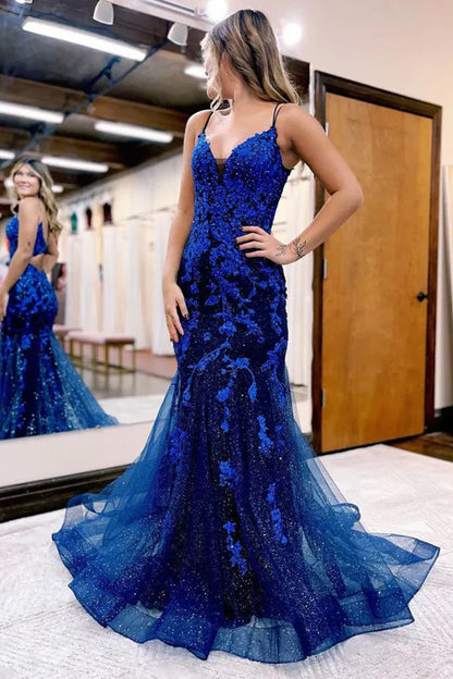 Floral Lace Applique Mermaid V-Neck Spaghetti Strap Glitter Tulle Cutout Back Floor Length Prom Evening Gown