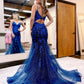 Floral Lace Applique Mermaid V-Neck Spaghetti Strap Glitter Tulle Cutout Back Floor Length Prom Evening Gown