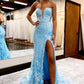 Floral Lace Mermaid Strapless Off Puff Sleeve Keyhole Slit Train Prom Gown
