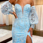 Floral Lace Mermaid Strapless Off Puff Sleeve Keyhole Slit Train Prom Gown