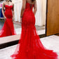 Floral Lace Mermaid Sweetheart Neck Strapless Tulle Lace-up Back Floor Length Prom Evening Gown