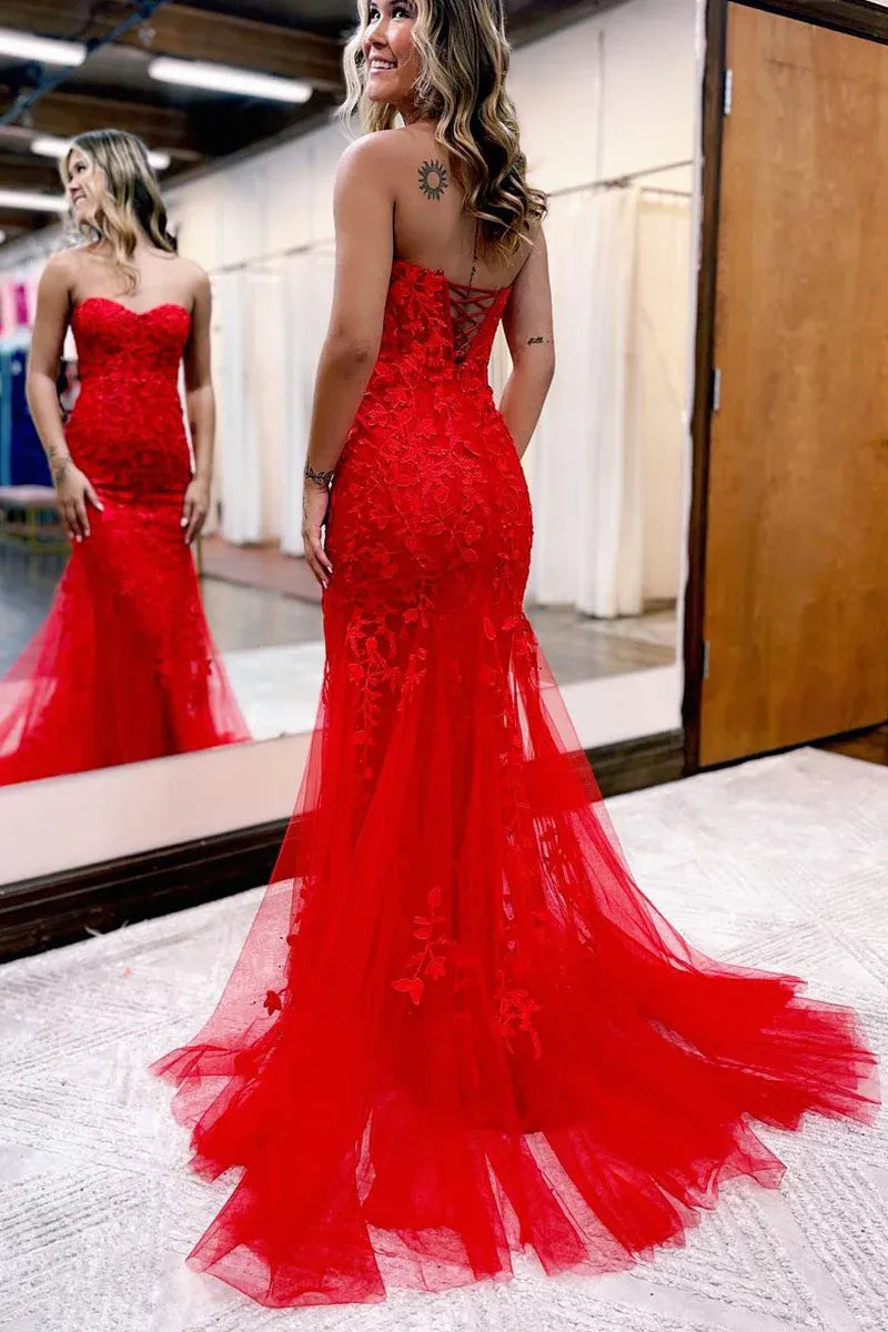 Floral Lace Mermaid Sweetheart Neck Strapless Tulle Lace-up Back Floor Length Prom Evening Gown