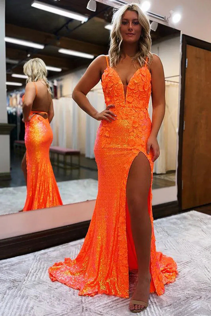 Floral Mermaid V Spaghetti Straps Open Back Floor Length Prom Gown