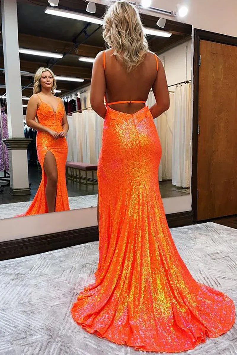 Floral Mermaid V Spaghetti Straps Open Back Floor Length Prom Gown