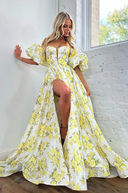 Floral Print A-Line Sweetheart Off-The-Shoulder Puff Short Sleeve Satin High Slit Floor Length Prom Evening Gown