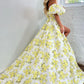 Floral Print A-Line Sweetheart Off-The-Shoulder Puff Short Sleeve Satin High Slit Floor Length Prom Evening Gown