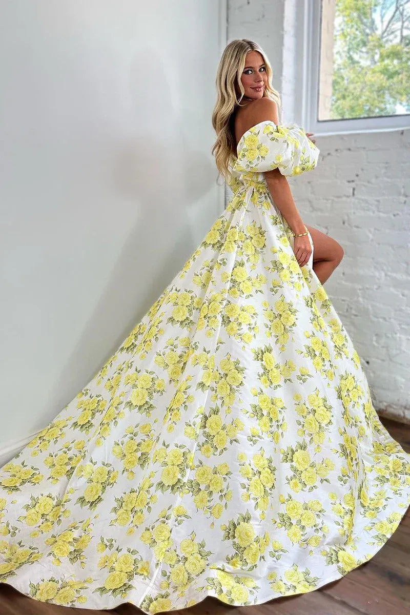 Floral Print A-Line Sweetheart Off-The-Shoulder Puff Short Sleeve Satin High Slit Floor Length Prom Evening Gown