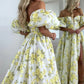 Floral Print A-Line Sweetheart Off-The-Shoulder Puff Short Sleeve Satin High Slit Floor Length Prom Evening Gown