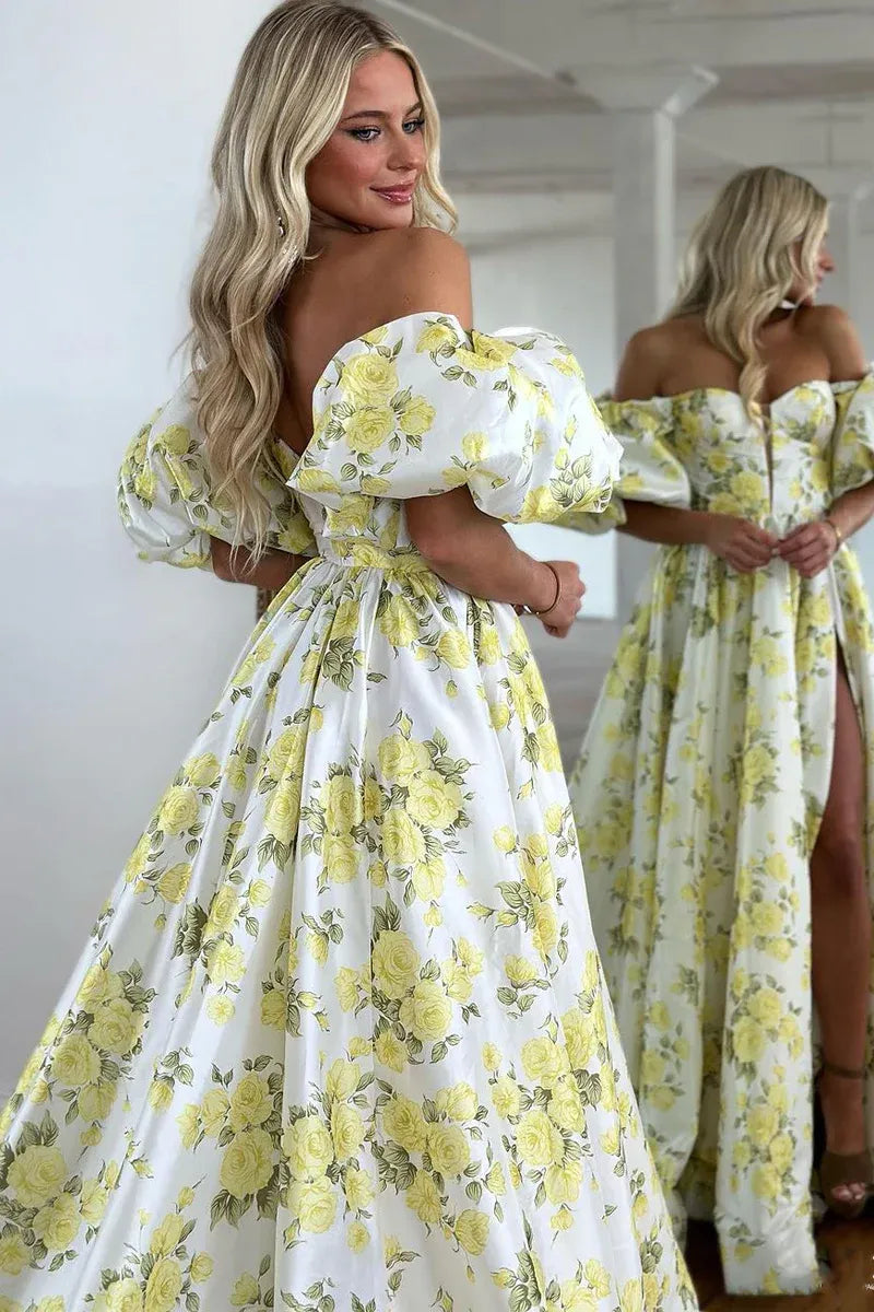 Floral Print A-Line Sweetheart Off-The-Shoulder Puff Short Sleeve Satin High Slit Floor Length Prom Evening Gown