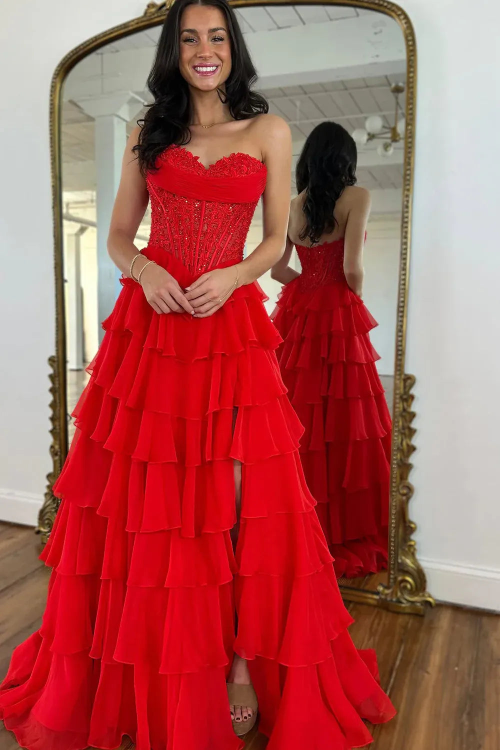 Floral Ruffle A-Line Strapless Sheer Corset Slit Train Prom Gown