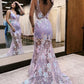 Floral Sequin Mermaid Deep V Neck Sleeveless Sheer Lace Open Back Floor Length Prom Evening Gown