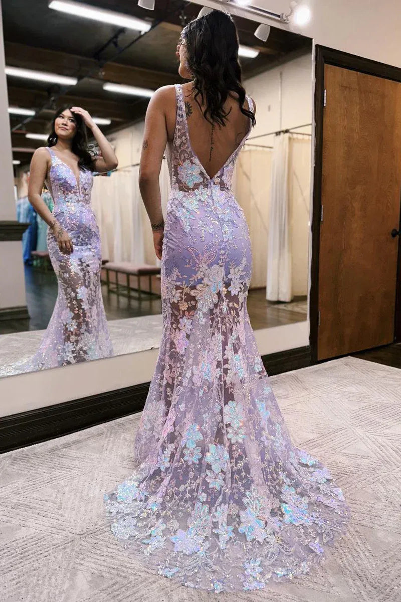 Floral Sequin Mermaid Deep V Neck Sleeveless Sheer Lace Open Back Floor Length Prom Evening Gown