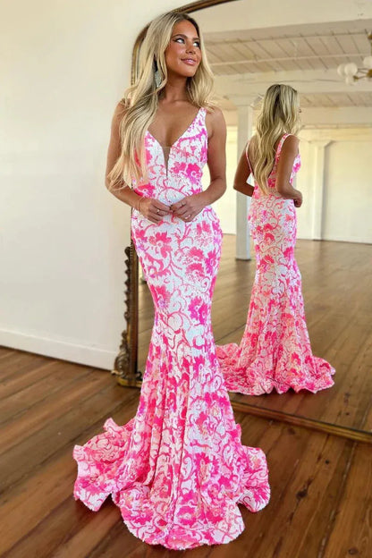 Floral Sequin Mermaid Wide Strap V Low Back Train Prom Gown