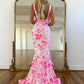 Floral Sequin Mermaid Wide Strap V Low Back Train Prom Gown