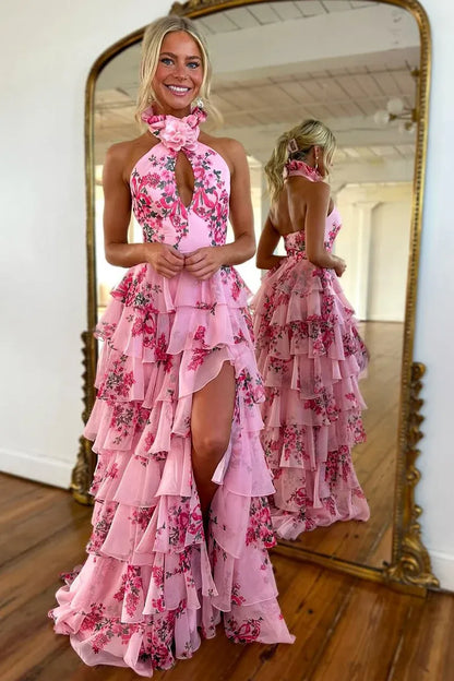Floral Tiered Maxi Halter 3D Flower Keyhole Open Back Slit Train Formal Gown