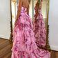 Floral Tiered Maxi Halter 3D Flower Keyhole Open Back Slit Train Formal Gown