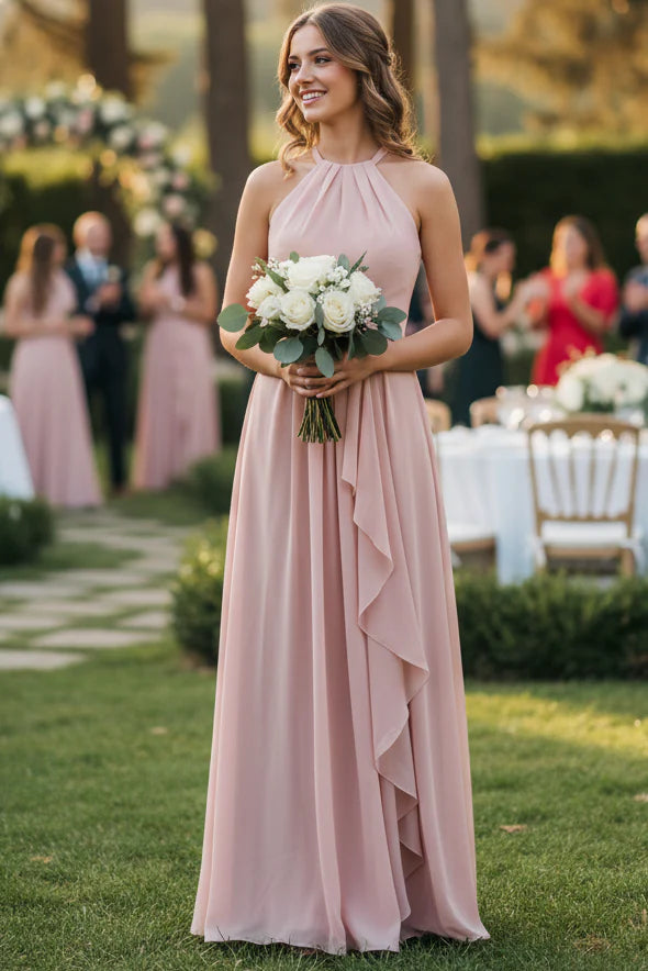 Flowy A-Line Halter-Neck Chiffon Ruffled Maxi Bridesmaid Dress