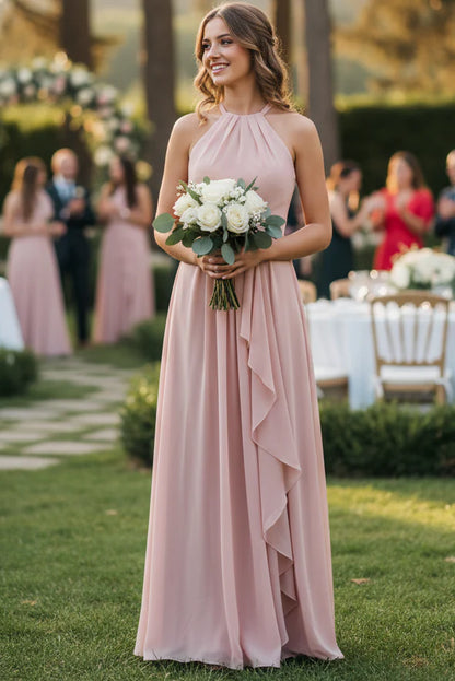 Flowy A-Line Halter-Neck Chiffon Ruffled Maxi Bridesmaid Dress