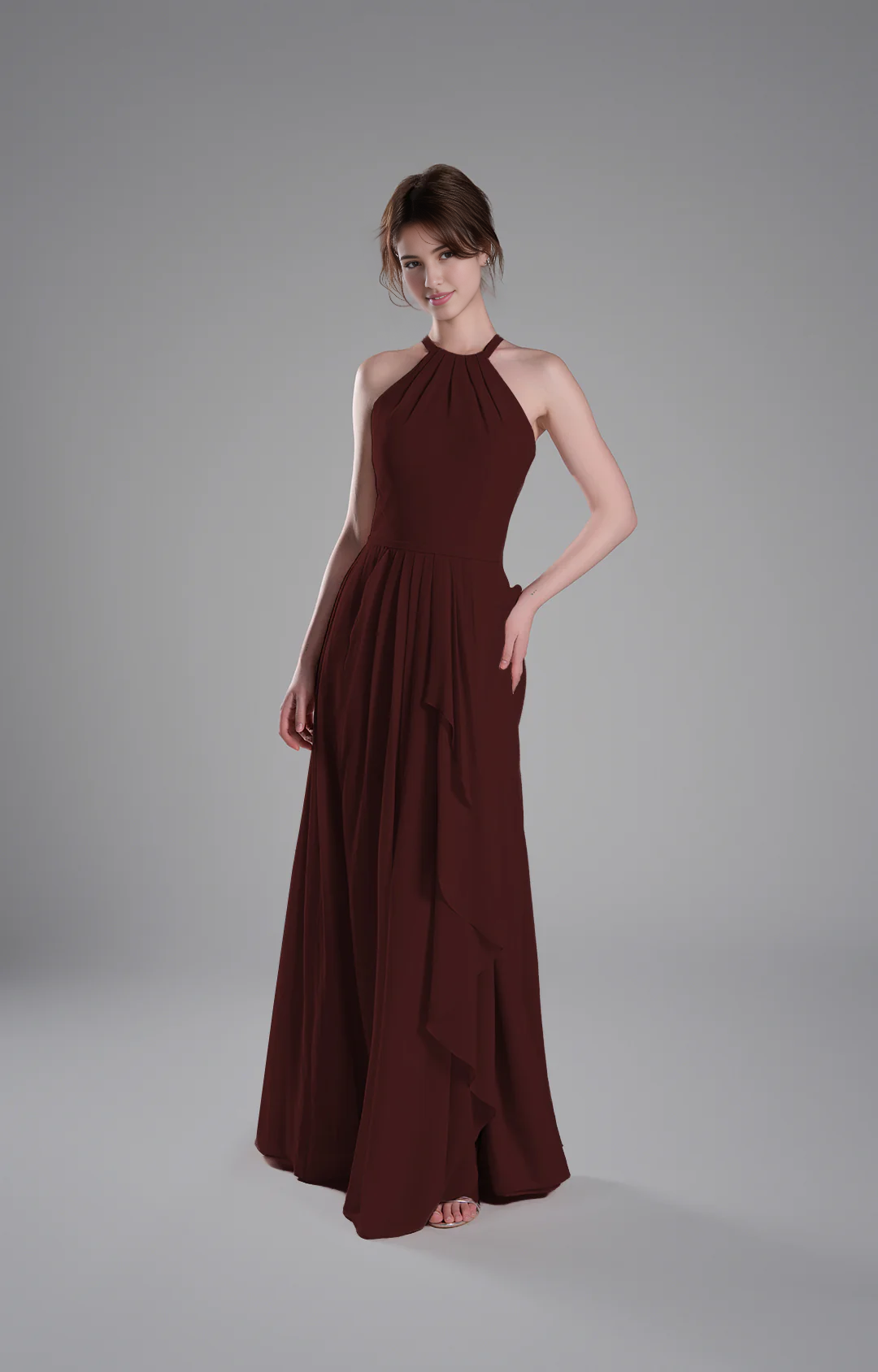 Flowy A-Line Halter-Neck Chiffon Ruffled Maxi Bridesmaid Dress
