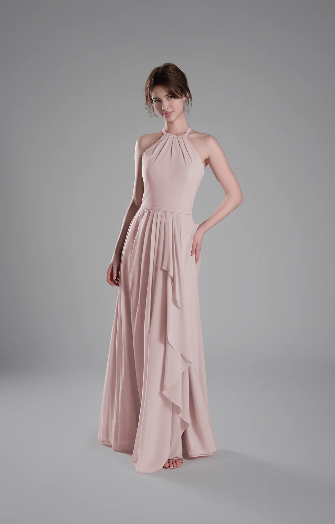 Flowy A-Line Halter-Neck Chiffon Ruffled Maxi Bridesmaid Dress