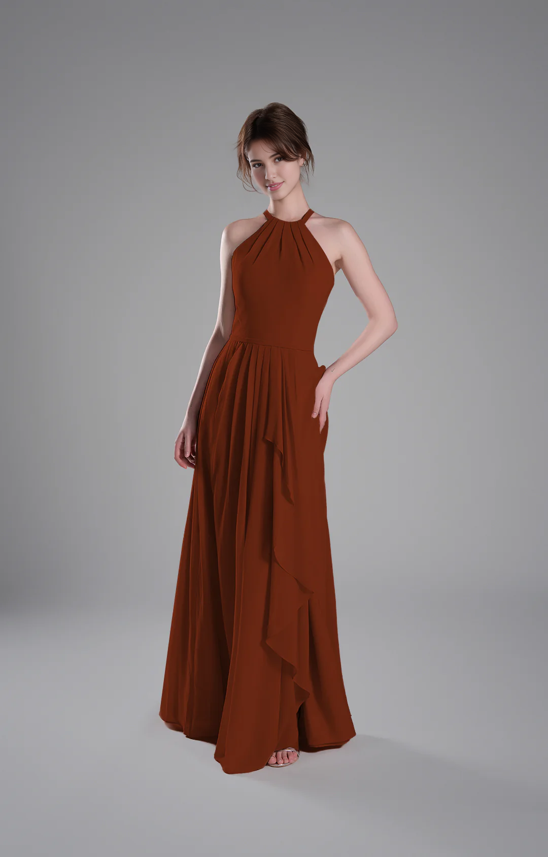 Flowy A-Line Halter-Neck Chiffon Ruffled Maxi Bridesmaid Dress
