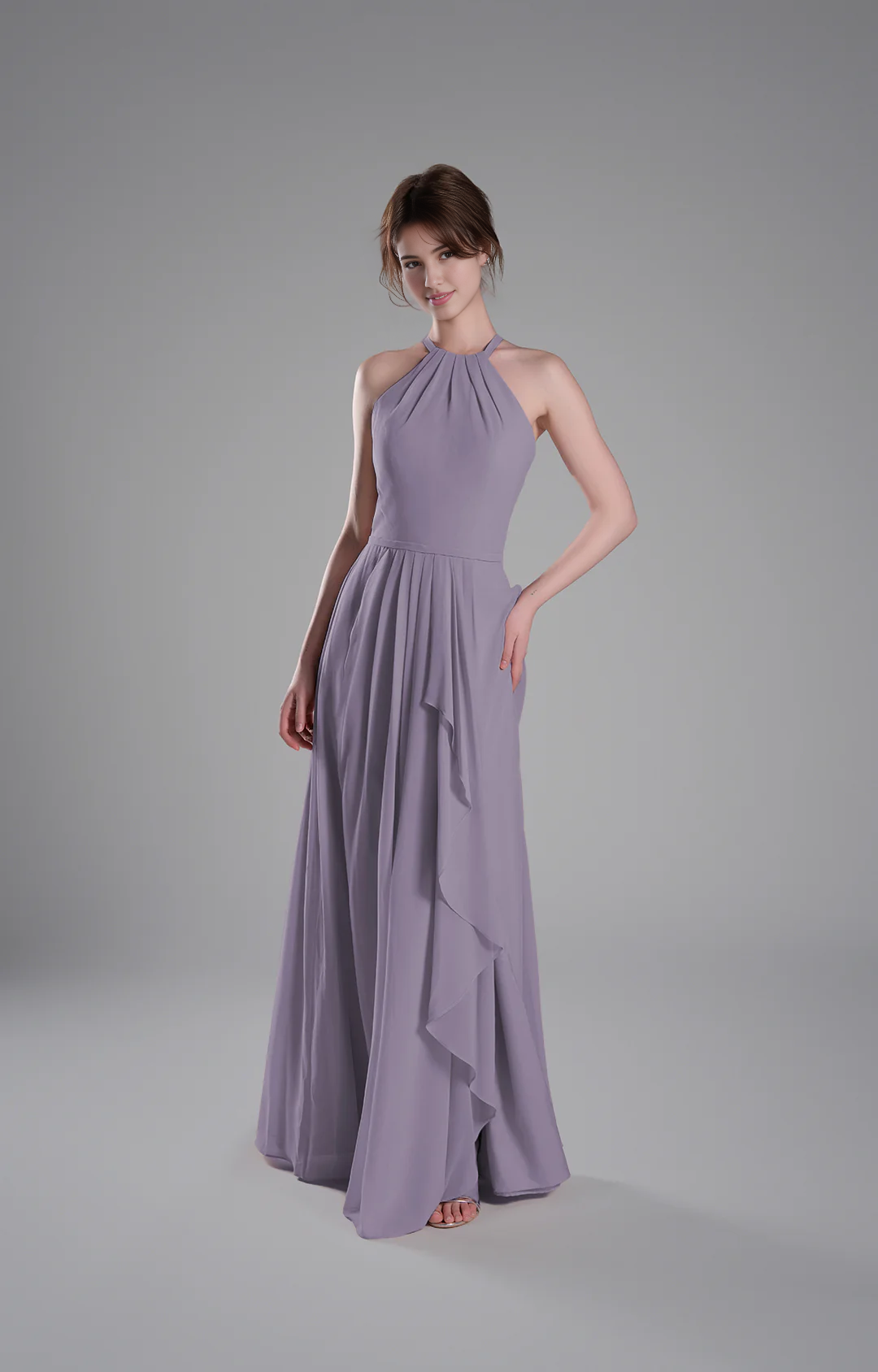 Flowy A-Line Halter-Neck Chiffon Ruffled Maxi Bridesmaid Dress