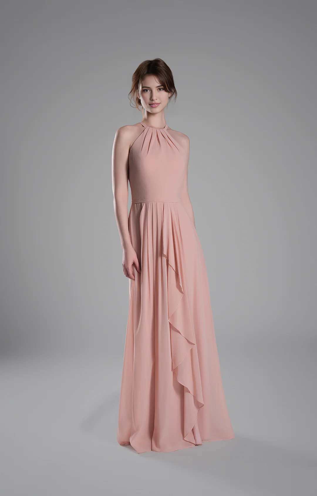 Flowy A-Line Halter-Neck Chiffon Ruffled Maxi Bridesmaid Dress