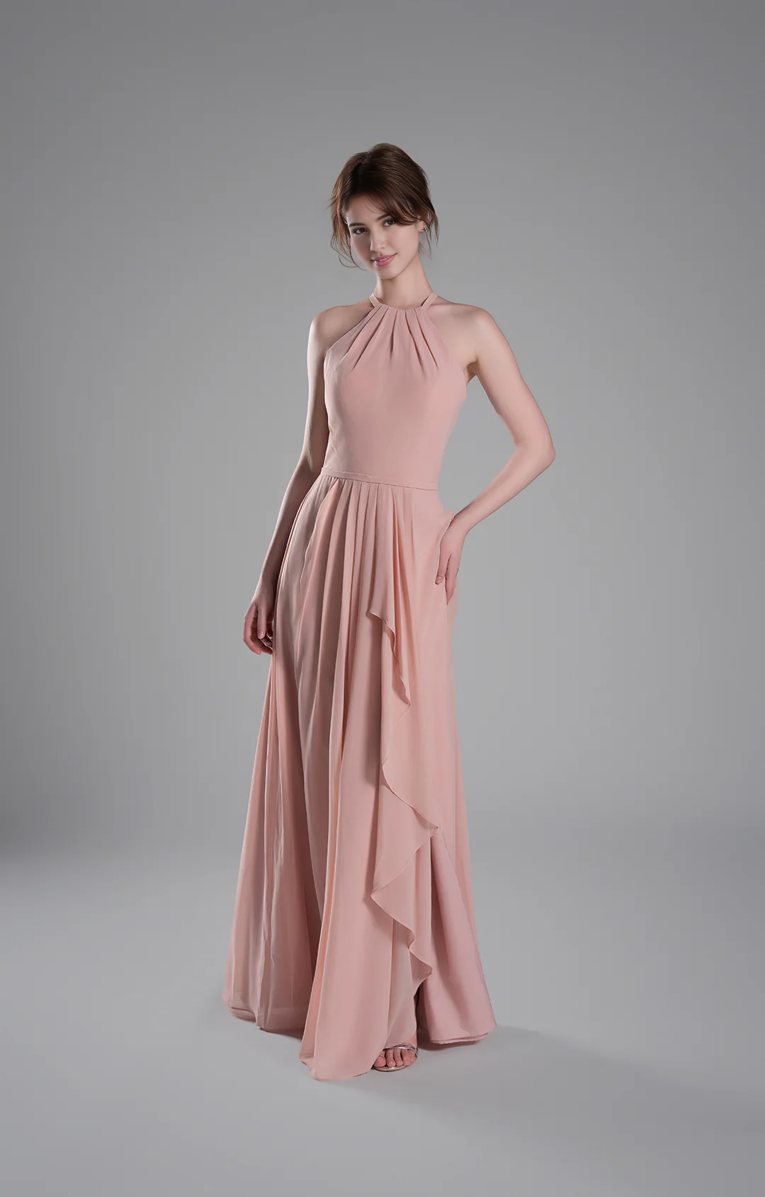 Flowy A-Line Halter-Neck Chiffon Ruffled Maxi Bridesmaid Dress