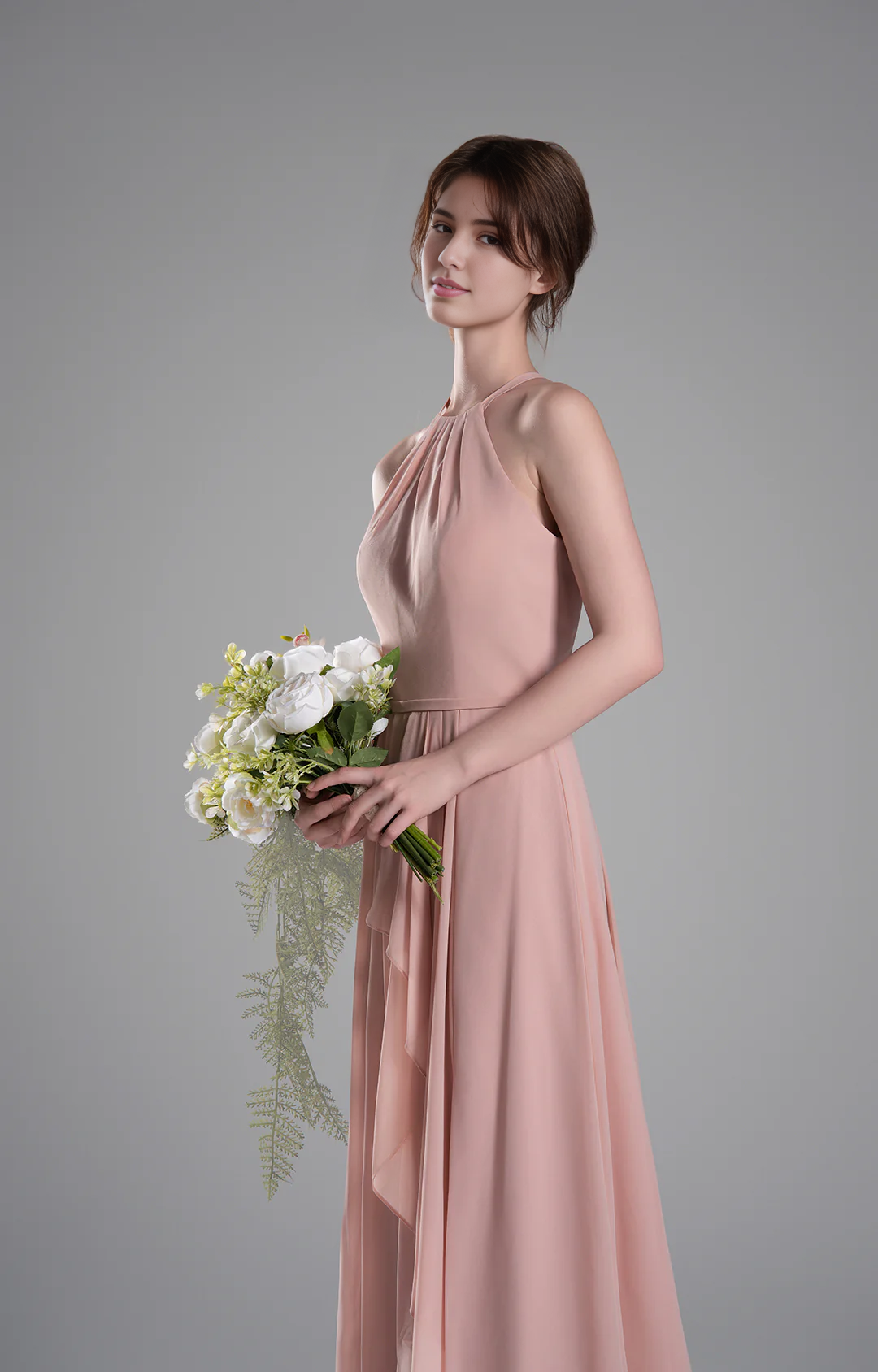 Flowy A-Line Halter-Neck Chiffon Ruffled Maxi Bridesmaid Dress
