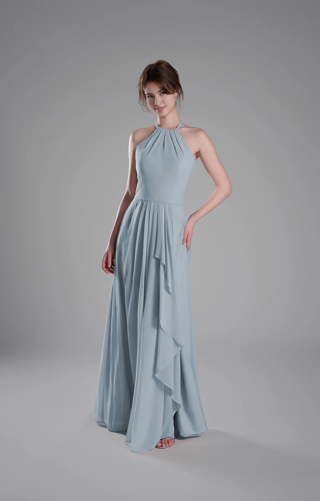 Flowy A-Line Halter-Neck Chiffon Ruffled Maxi Bridesmaid Dress