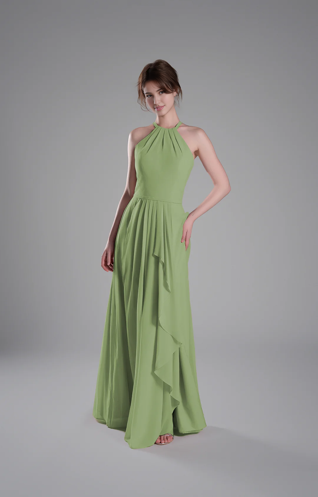 Flowy A-Line Halter-Neck Chiffon Ruffled Maxi Bridesmaid Dress
