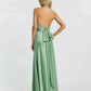 Flowy A-Line Halter Sleeveless Satin Floor-Length Bow-Back Bridesmaid Dress